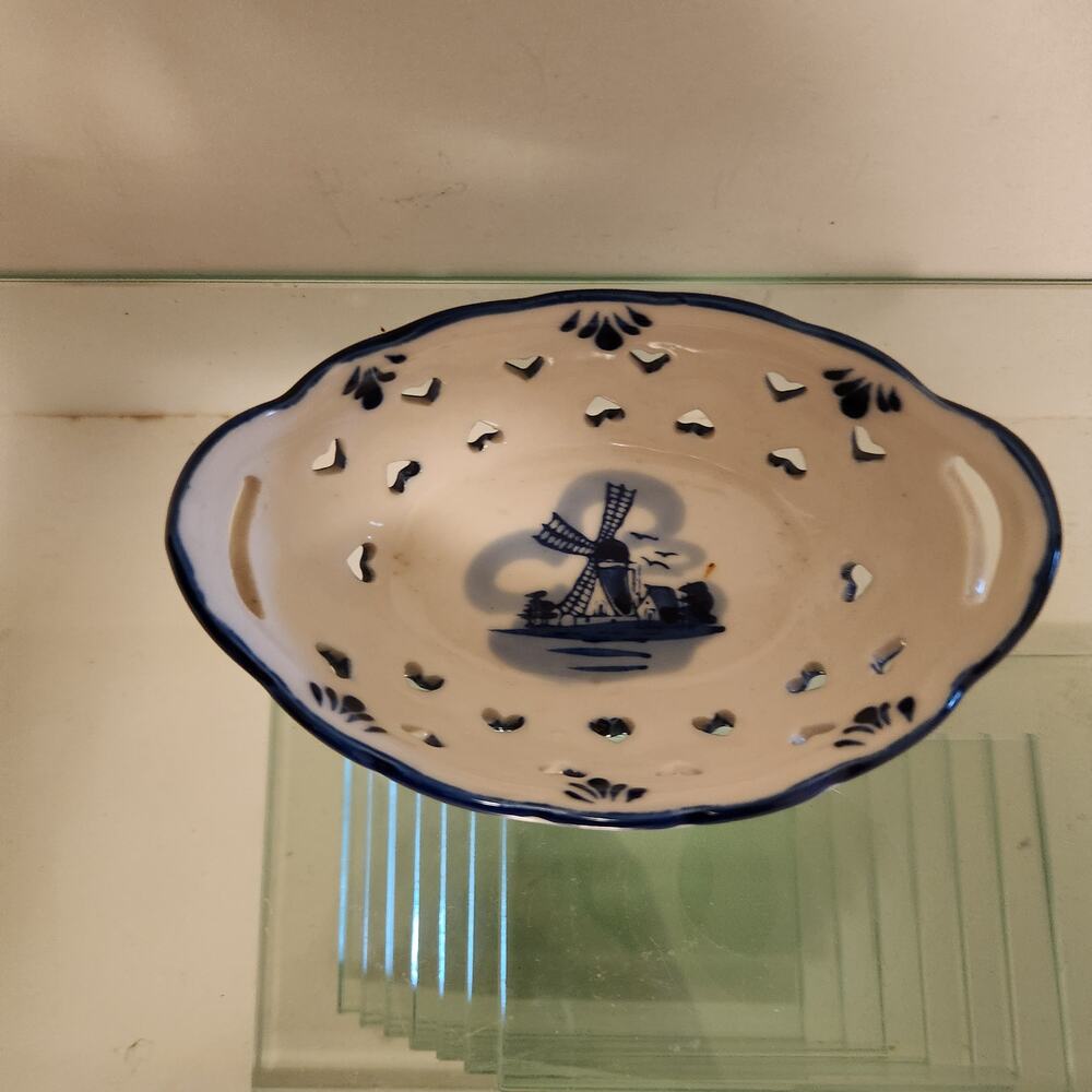 Vintage Delft Blue Hand Painted Reticulated Wind Mill Trinket Dish
